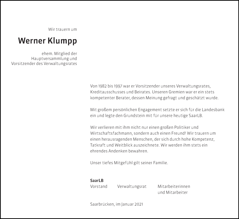  Traueranzeige für Werner Klumpp vom 16.01.2021 aus saarbruecker_zeitung