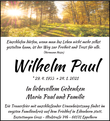 Traueranzeige von Wilhelm Paul von saarbruecker_zeitung