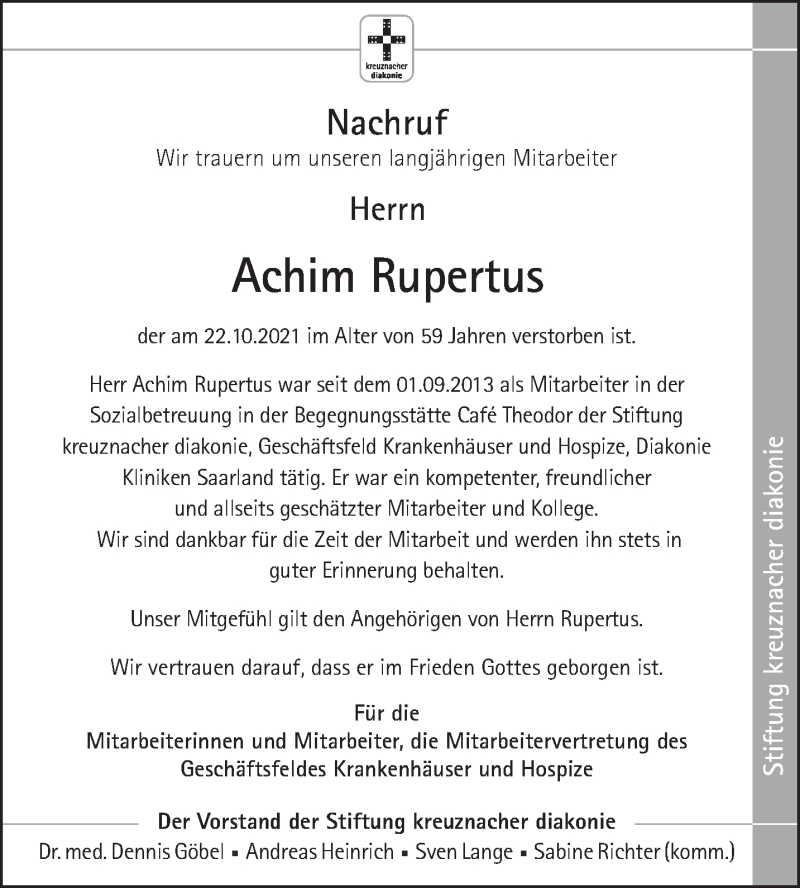  Traueranzeige für Achim Rupertus vom 30.10.2021 aus saarbruecker_zeitung