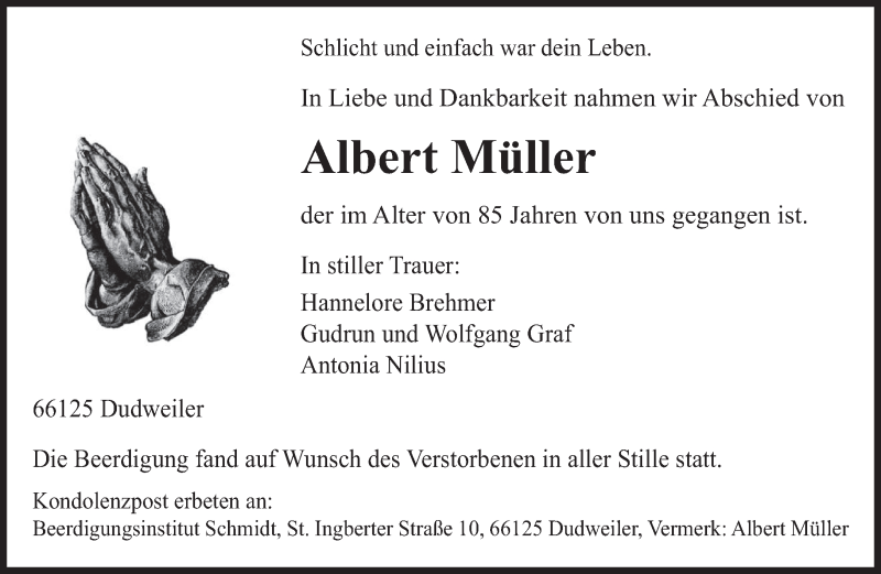  Traueranzeige für Albert Müller vom 30.10.2021 aus saarbruecker_zeitung