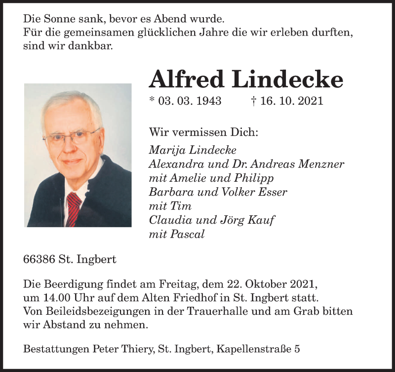  Traueranzeige für Alfred Lindecke vom 20.10.2021 aus saarbruecker_zeitung