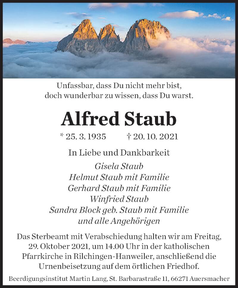  Traueranzeige für Alfred Staub vom 23.10.2021 aus saarbruecker_zeitung