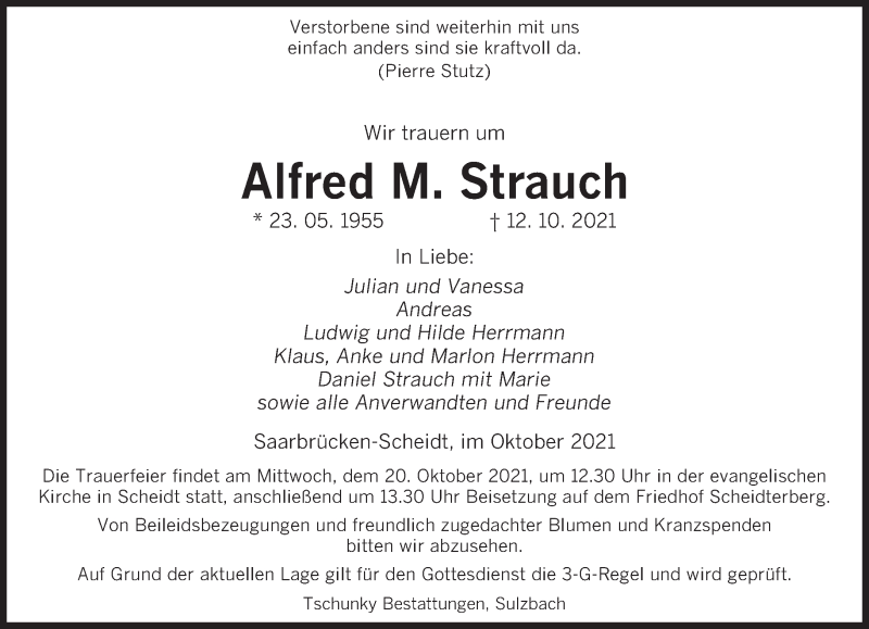  Traueranzeige für Alfred M. Strauch vom 16.10.2021 aus saarbruecker_zeitung