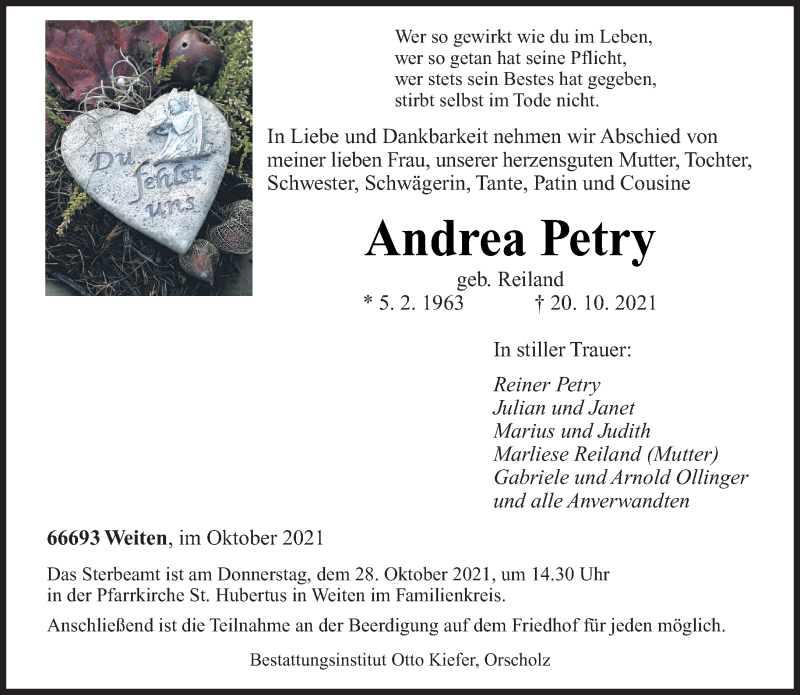  Traueranzeige für Andrea Petry vom 27.10.2021 aus saarbruecker_zeitung