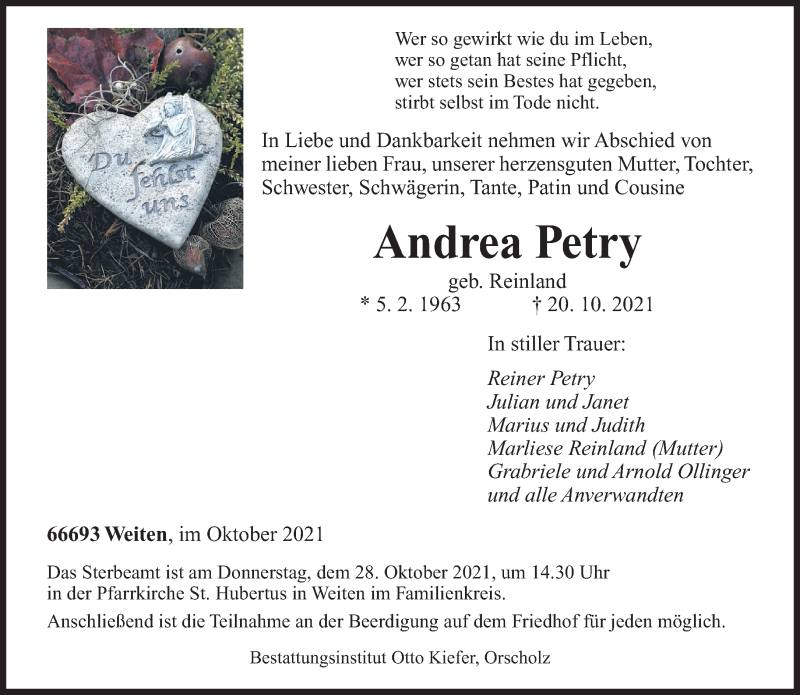  Traueranzeige für Andrea Petry vom 26.10.2021 aus saarbruecker_zeitung