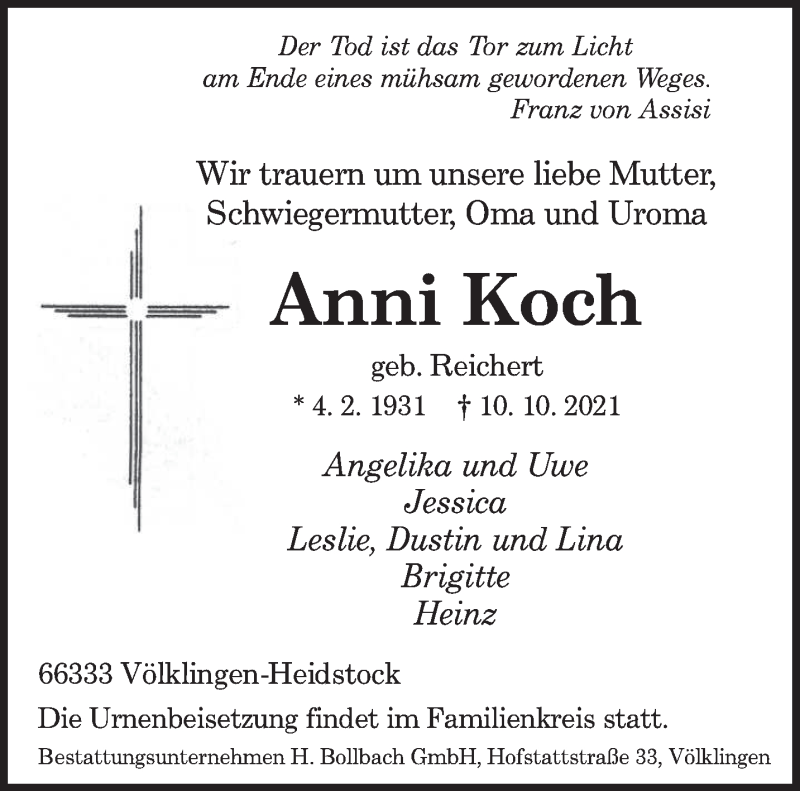  Traueranzeige für Anni Koch vom 16.10.2021 aus saarbruecker_zeitung