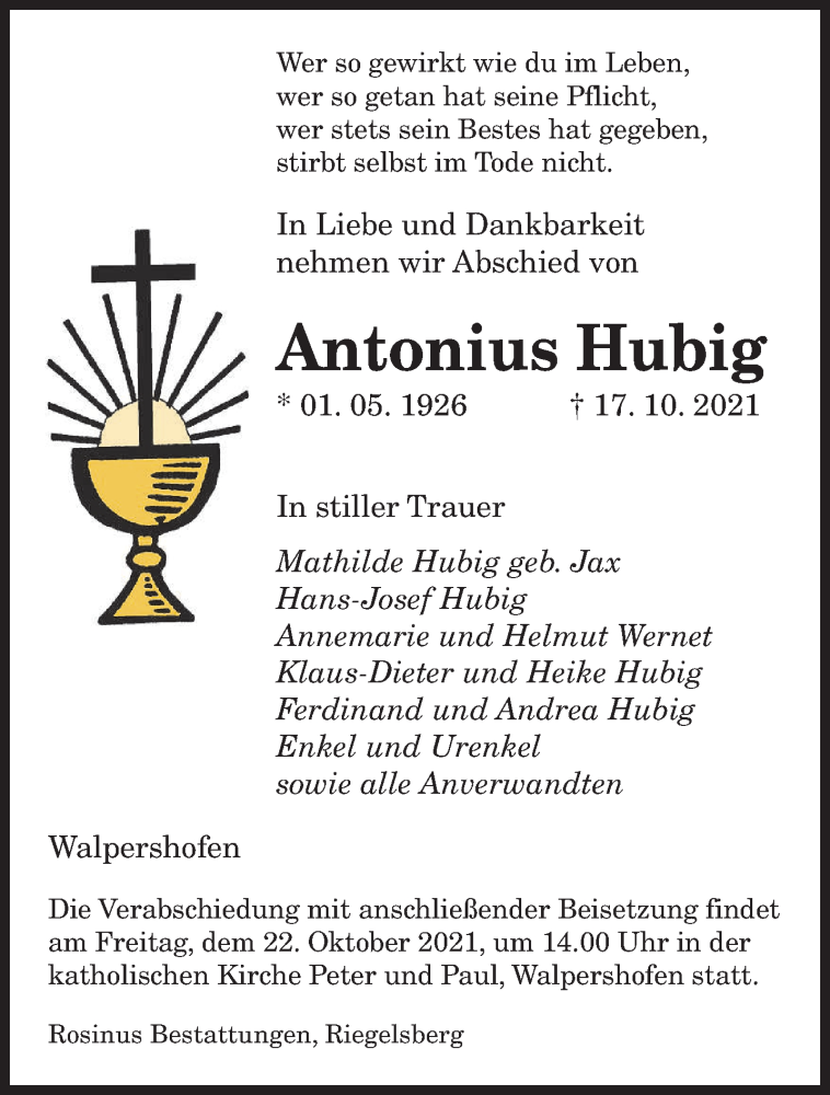  Traueranzeige für Antonius Hubig vom 20.10.2021 aus saarbruecker_zeitung
