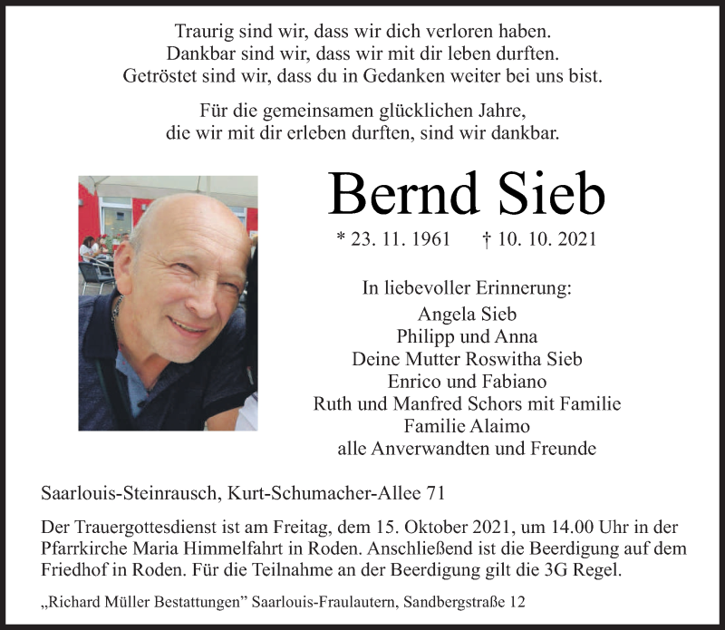  Traueranzeige für Bernd Sieb vom 13.10.2021 aus saarbruecker_zeitung