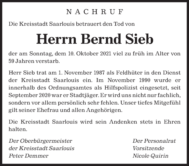  Traueranzeige für Bernd Sieb vom 13.10.2021 aus saarbruecker_zeitung