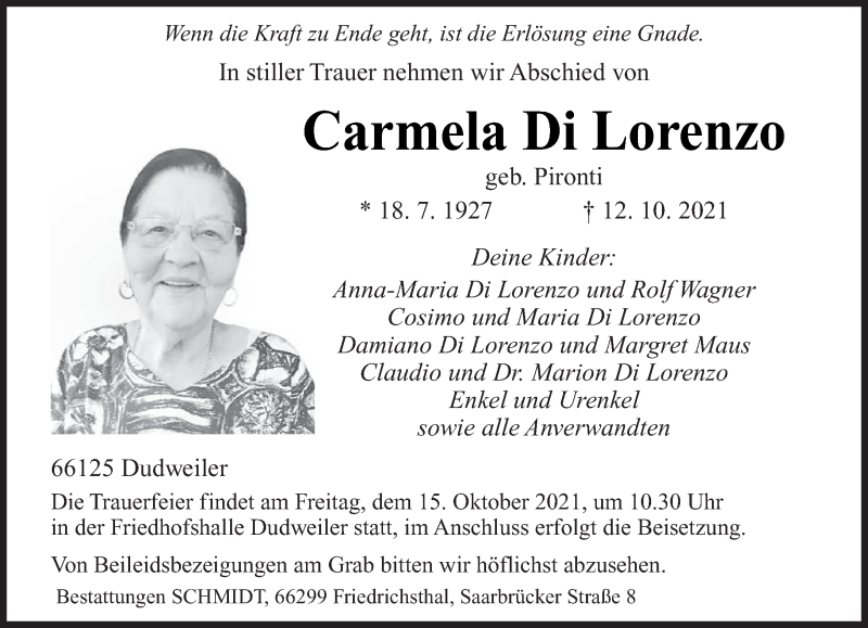  Traueranzeige für Carmela  Di Lorenzo vom 13.10.2021 aus saarbruecker_zeitung