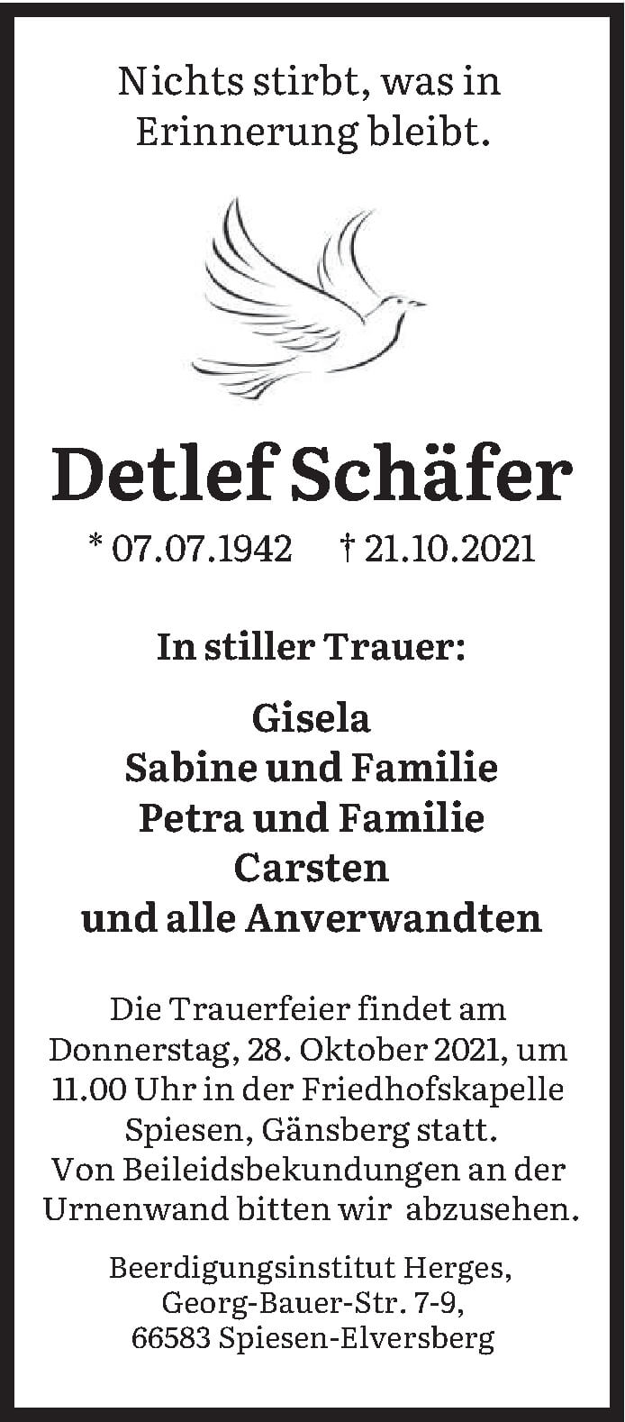 Traueranzeige für Detlef Schäfer vom 23.10.2021 aus saarbruecker_zeitung