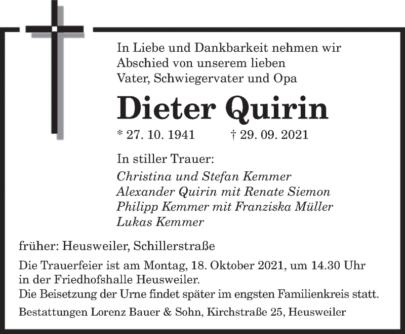  Traueranzeige für Dieter Quirin vom 13.10.2021 aus saarbruecker_zeitung