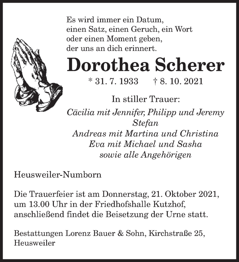  Traueranzeige für Dorothea Scherer vom 16.10.2021 aus saarbruecker_zeitung