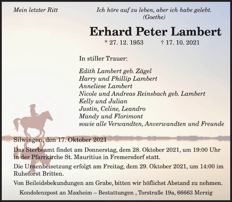  Traueranzeige für Erhard Peter Lambert vom 23.10.2021 aus saarbruecker_zeitung