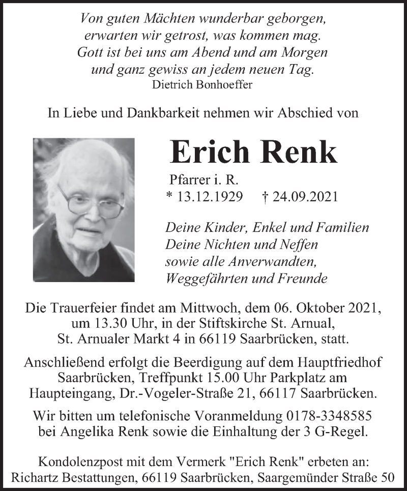  Traueranzeige für Erich Renk vom 02.10.2021 aus saarbruecker_zeitung