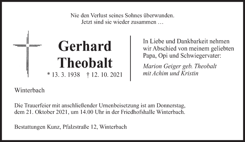  Traueranzeige für Gerhard Theobalt vom 18.10.2021 aus saarbruecker_zeitung