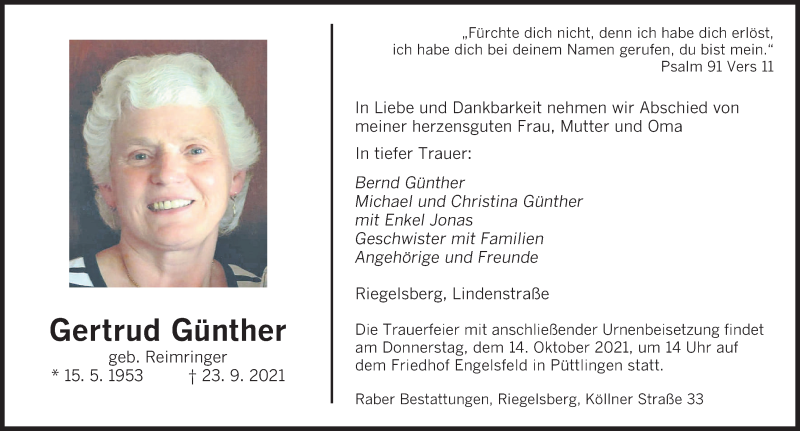  Traueranzeige für Gertrud Günther vom 02.10.2021 aus saarbruecker_zeitung