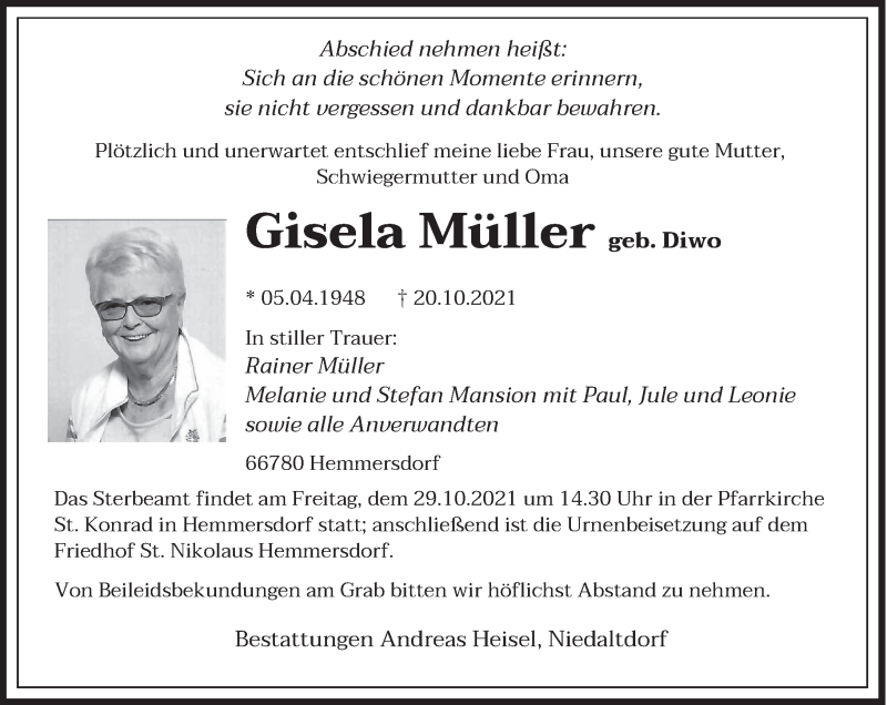  Traueranzeige für Gisela Müller vom 22.10.2021 aus saarbruecker_zeitung