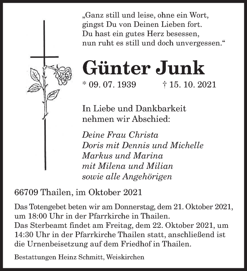  Traueranzeige für Günter Junk vom 19.10.2021 aus saarbruecker_zeitung