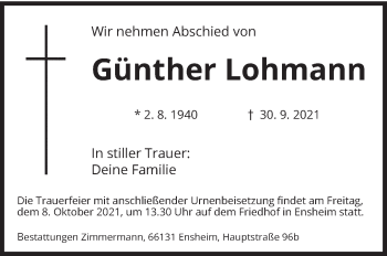 Traueranzeige von Günther Lohmann von saarbruecker_zeitung