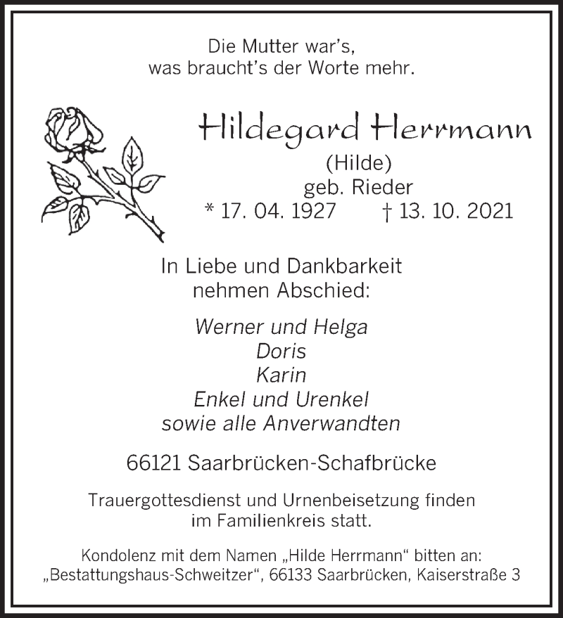  Traueranzeige für Hildegard Herrmann vom 16.10.2021 aus saarbruecker_zeitung