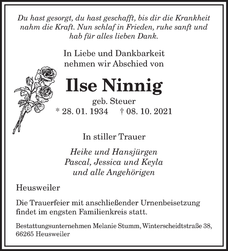  Traueranzeige für Ilse Ninnig vom 16.10.2021 aus saarbruecker_zeitung