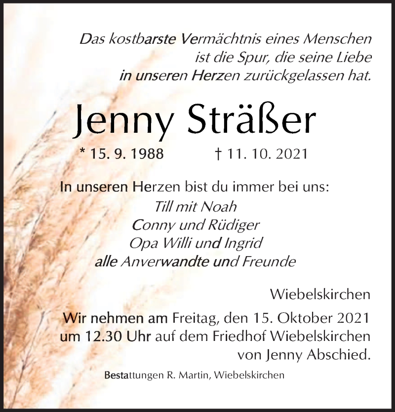  Traueranzeige für Jenny Sträßer vom 14.10.2021 aus saarbruecker_zeitung