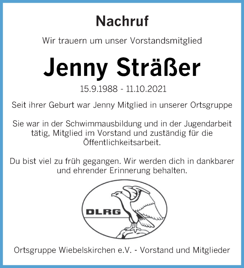  Traueranzeige für Jenny Sträßer vom 16.10.2021 aus saarbruecker_zeitung