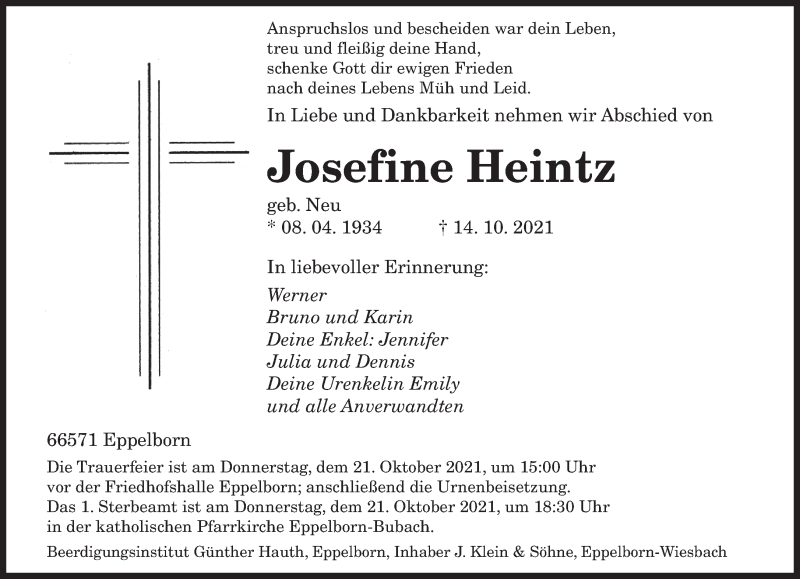  Traueranzeige für Josefine Heintz vom 16.10.2021 aus saarbruecker_zeitung