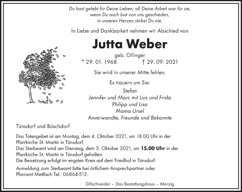  Traueranzeige für Jutta Weber vom 02.10.2021 aus saarbruecker_zeitung