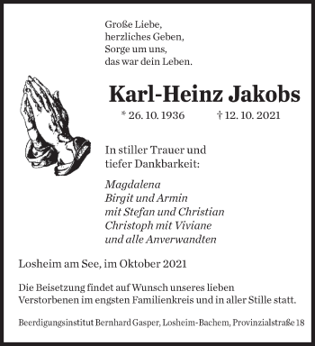 Traueranzeigen Von Karl Heinz Jakobs Saarbruecker Zeitung Trauer De