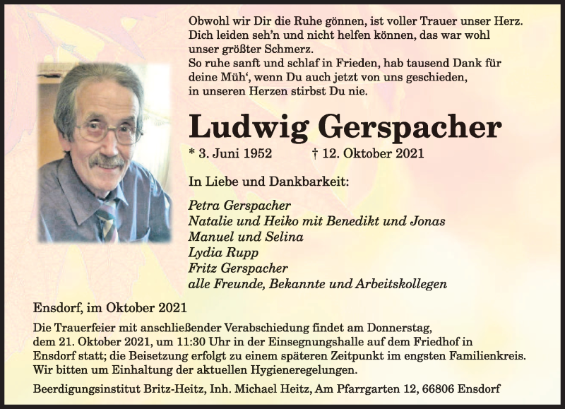  Traueranzeige für Ludwig Gerspacher vom 16.10.2021 aus saarbruecker_zeitung