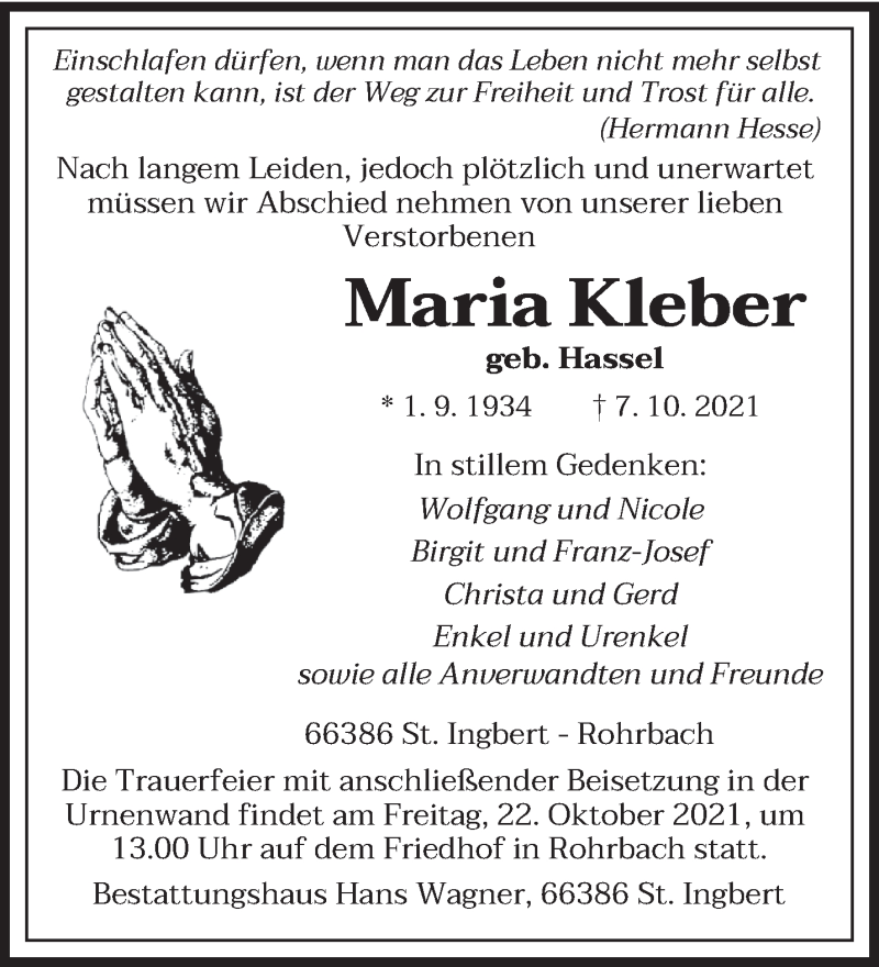  Traueranzeige für Maria Kleber vom 16.10.2021 aus saarbruecker_zeitung