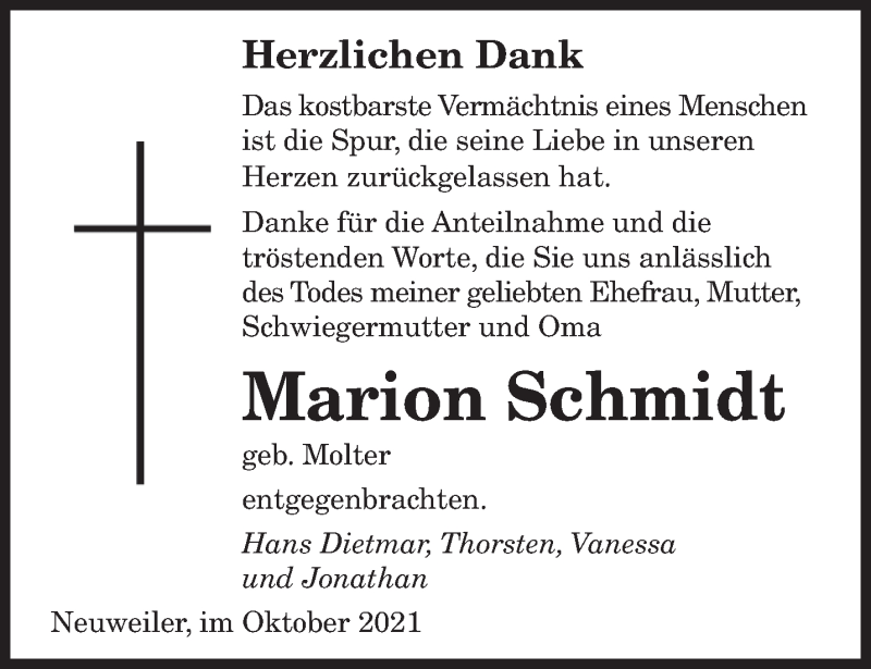  Traueranzeige für Marion Schmidt vom 09.10.2021 aus saarbruecker_zeitung