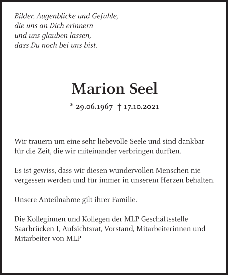  Traueranzeige für Marion Seel vom 27.10.2021 aus saarbruecker_zeitung