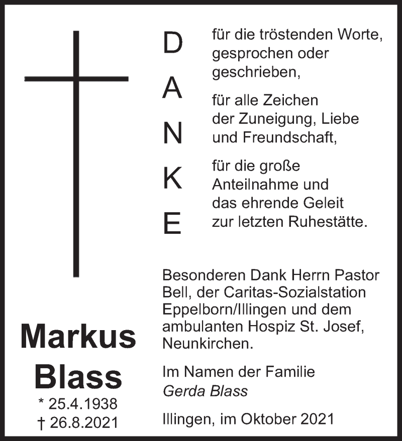  Traueranzeige für Markus Blass vom 07.10.2021 aus saarbruecker_zeitung