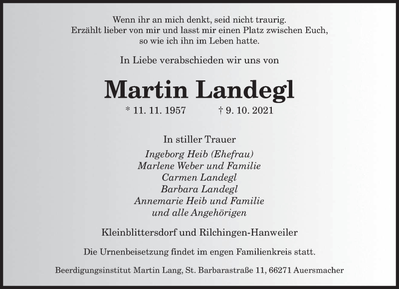  Traueranzeige für Martin Landegl vom 16.10.2021 aus saarbruecker_zeitung