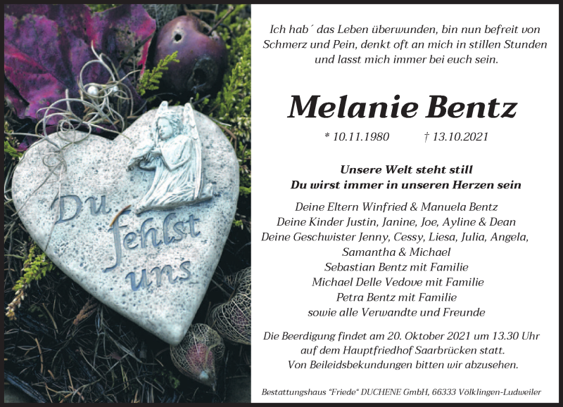  Traueranzeige für Melanie Bentz vom 16.10.2021 aus saarbruecker_zeitung