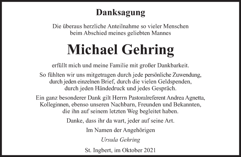  Traueranzeige für Michael Gehring vom 02.10.2021 aus saarbruecker_zeitung