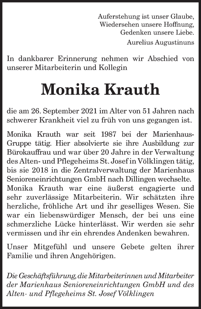  Traueranzeige für Monika Krauth vom 02.10.2021 aus saarbruecker_zeitung