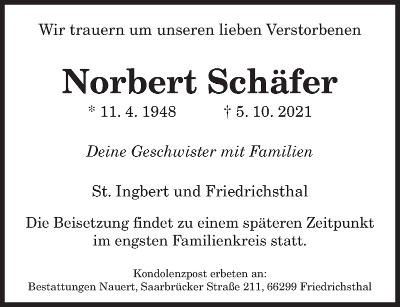  Traueranzeige für Norbert Schäfer vom 09.10.2021 aus saarbruecker_zeitung