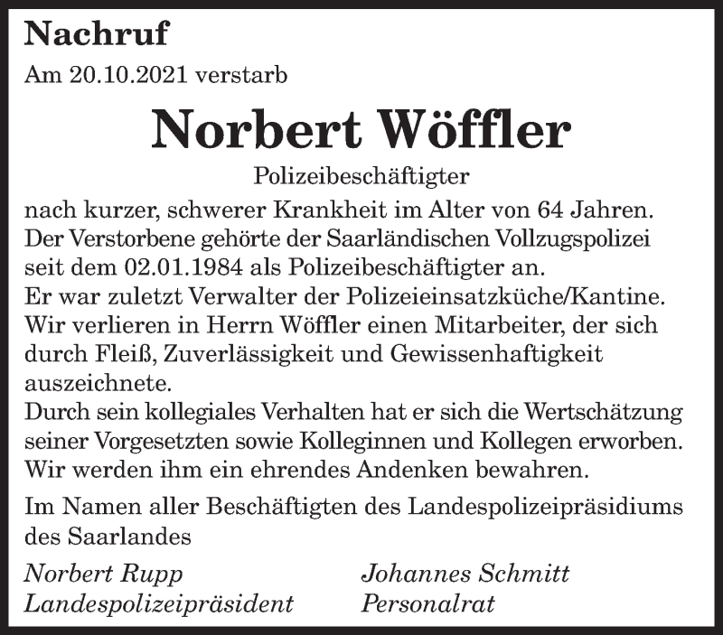  Traueranzeige für Norbert Wöffler vom 27.10.2021 aus saarbruecker_zeitung