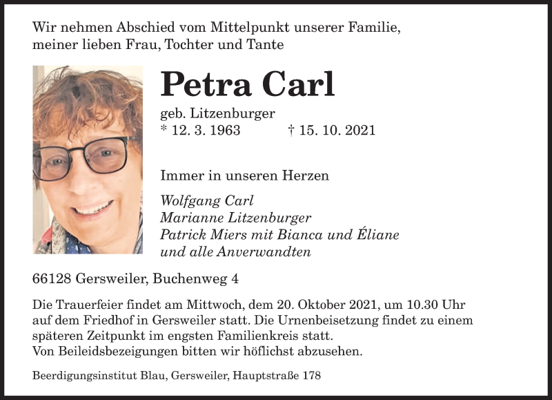  Traueranzeige für Petra Carl vom 16.10.2021 aus saarbruecker_zeitung