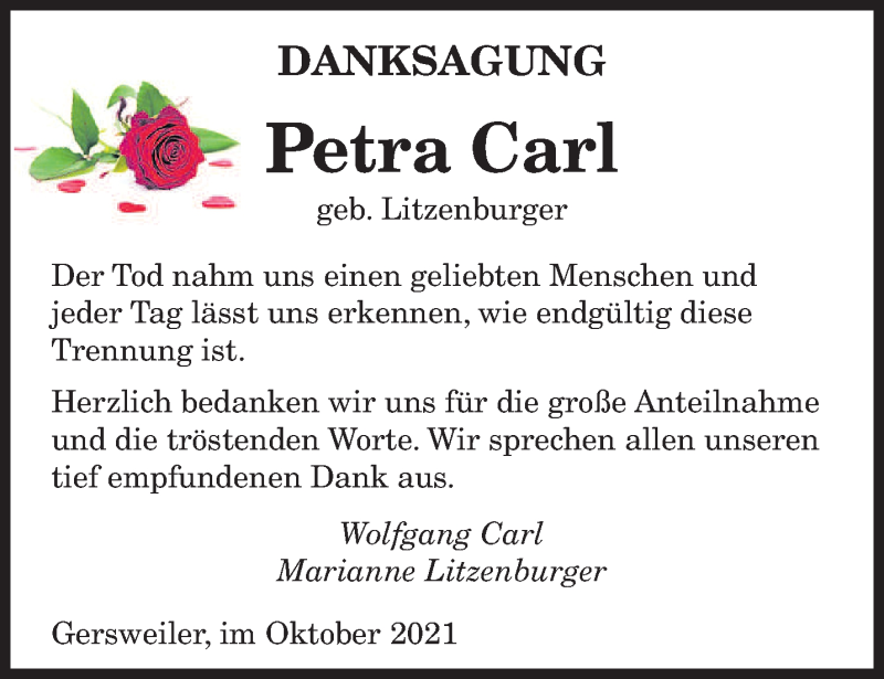  Traueranzeige für Petra Carl vom 30.10.2021 aus saarbruecker_zeitung
