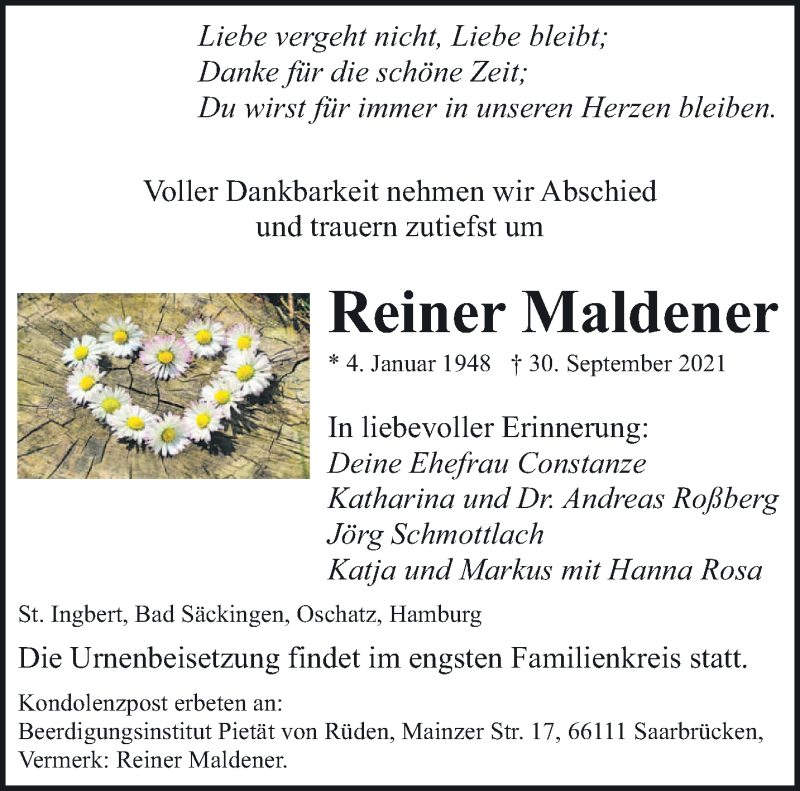  Traueranzeige für Reiner Maldener vom 09.10.2021 aus saarbruecker_zeitung