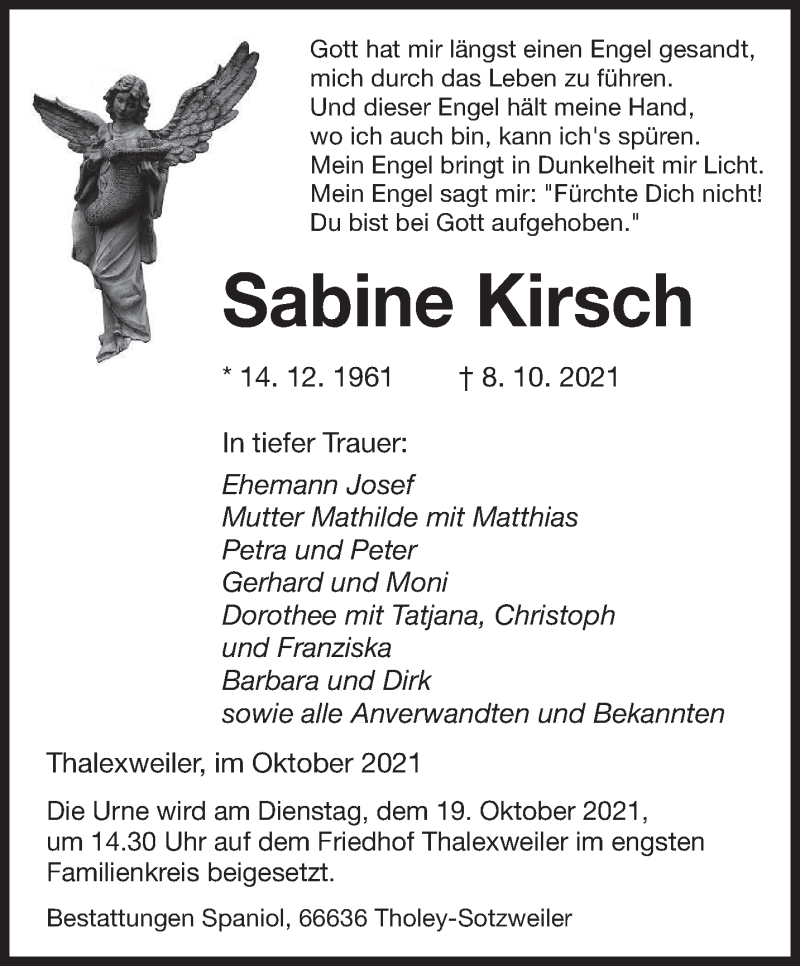  Traueranzeige für Sabine Kirsch vom 15.10.2021 aus saarbruecker_zeitung