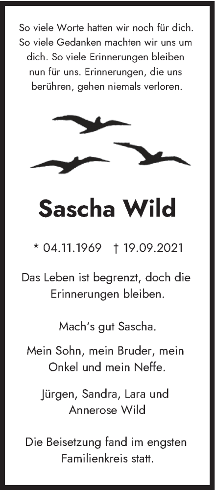  Traueranzeige für Sascha Wild vom 16.10.2021 aus saarbruecker_zeitung