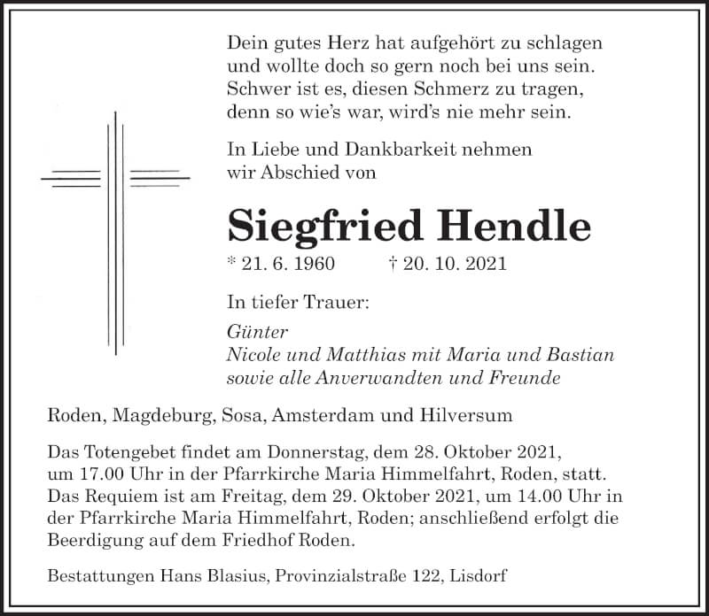 Traueranzeige für Siegfried Hendle vom 23.10.2021 aus saarbruecker_zeitung