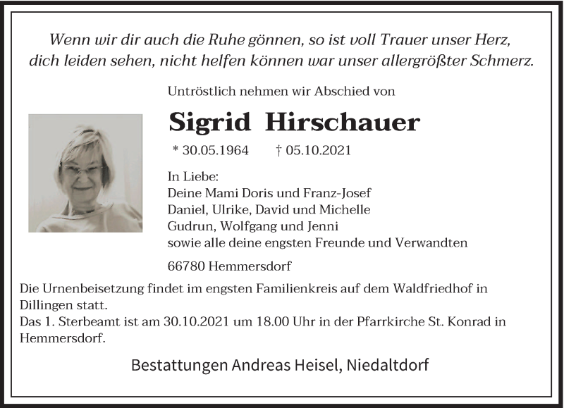  Traueranzeige für Sigrid Hirschauer vom 14.10.2021 aus saarbruecker_zeitung