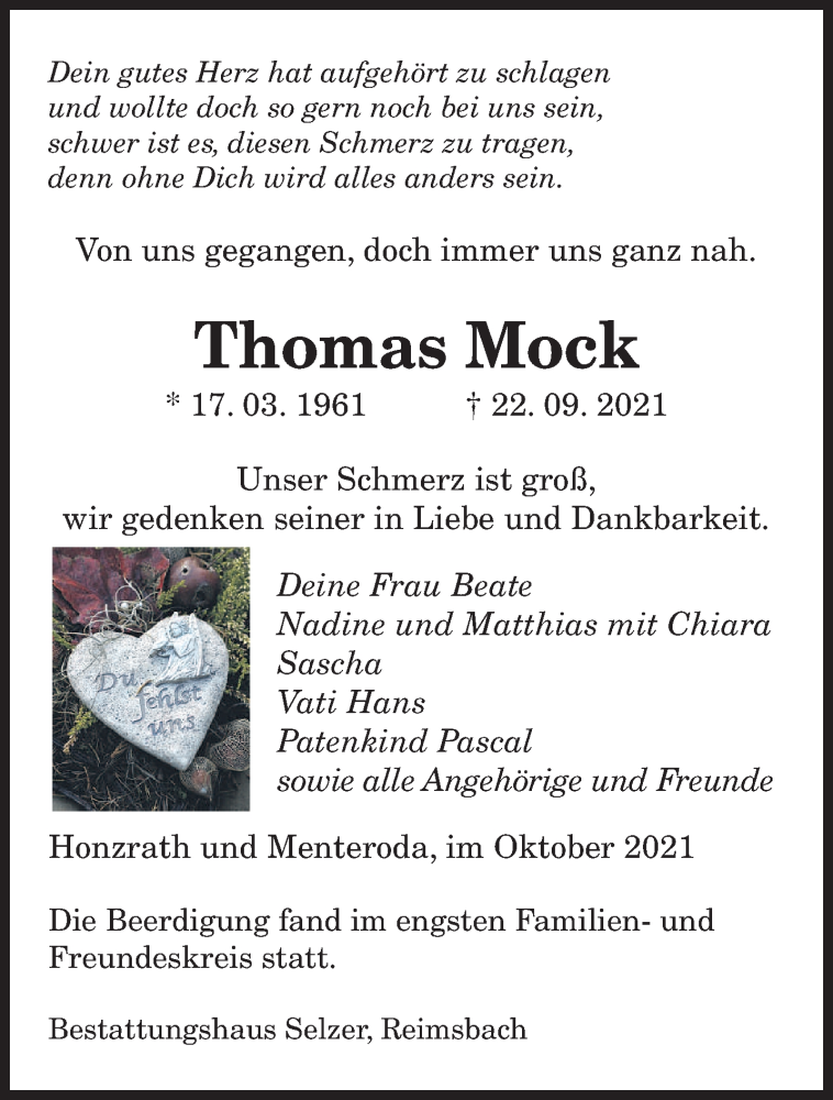  Traueranzeige für Thomas Mock vom 01.10.2021 aus saarbruecker_zeitung